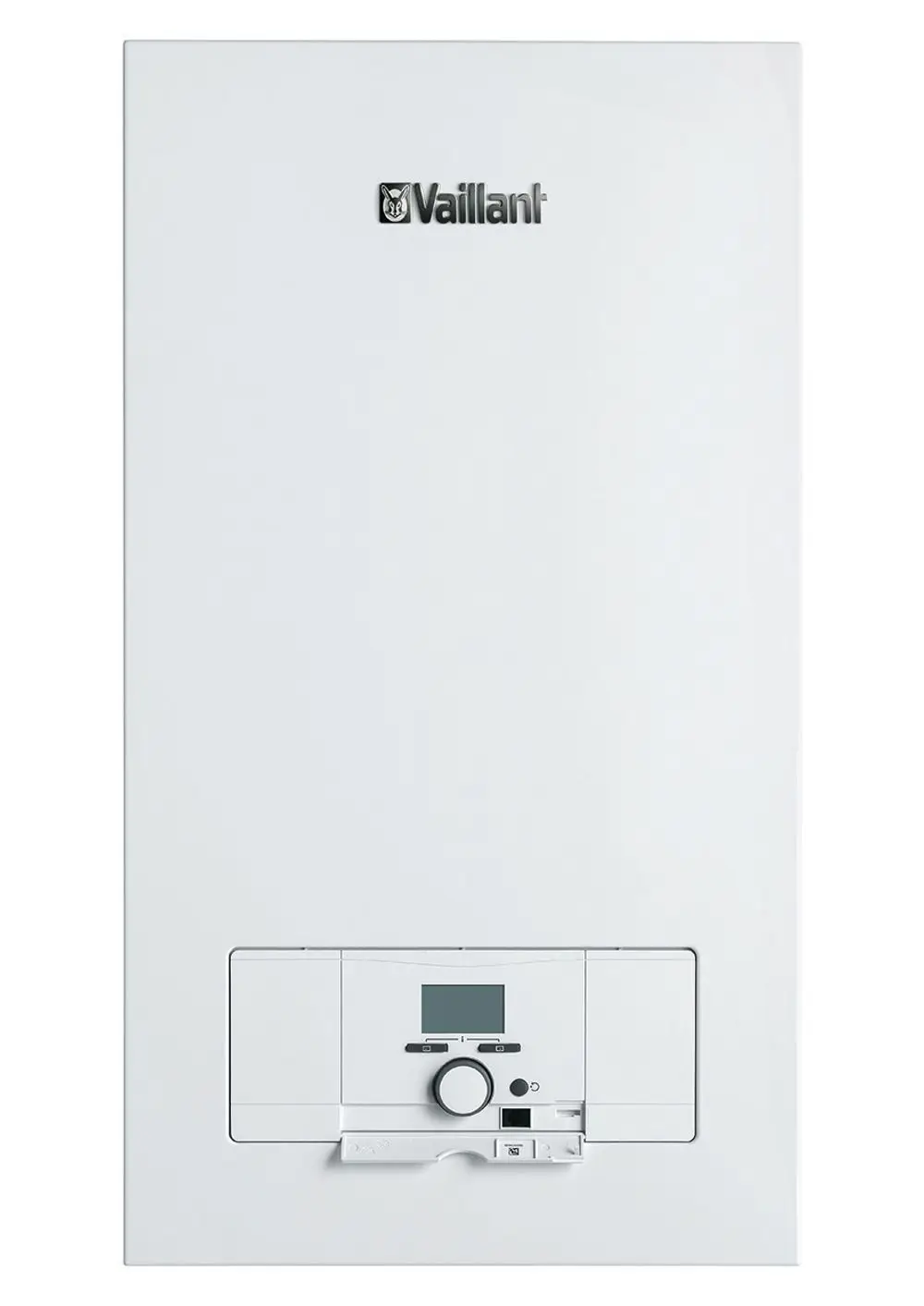 Vaillant Heizgerät in weißer Farbe mit digitalem Display und Drehknopf, zur Wandmontage geeignet.